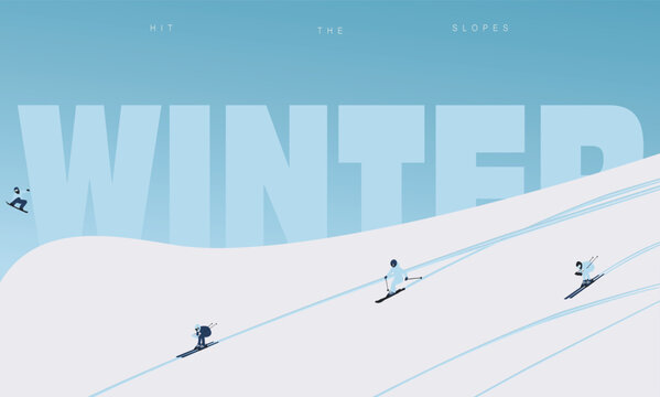 Flat winter mountain scene with ski lifts and skiers. Winter sport scene snowy illustration for tourism, banners, and travel promotions.