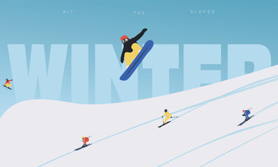 Stylish winter sport illustration with skiers and snowboarders in snowy mountain landscape. Bold background typography with the word “WINTER”. Great for seasonal posters, travel ads, and holiday 