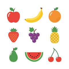 Set of colorful flat fruit icons including apple, banana, orange, strawberry, grape, pineapple, pear, watermelon, and cherry. Perfect for healthy food designs