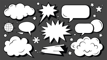 Various comic speech bubbles displayed on a transparent background, suitable for creative projects and illustrations..eps