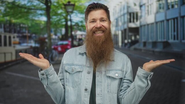 Man in denim jacket gently gestures open palms and smiles on sunlit brick paved city street; uncertainty.