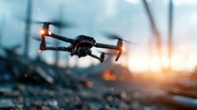 A high-resolution image of a drone flying above a rugged industrial landscape, encapsulating the intersection of technology and environment under a captivating sunset.