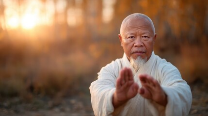 An elderly man in traditional attire practices martial arts in a serene natural setting, reflecting wisdom, strength, and a deep connection to cultural heritage and self-discipline.