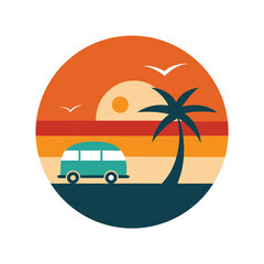 Circular beach design with surfer and sunset in retro style with white background  