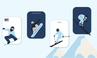 Minimal flat illustration of skiers riding down a snowy mountain slope. Winter sport scene with people skiing in blue and black outfit. Alpine skiing concept for seasonal advertising, holidays, 