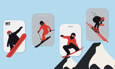 Modern flat design illustration of snowboarders riding through snowy mountains. Stylish winter sport scene in red and black tones. Perfect for advertising, posters, banners, and digital content about