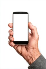 Elderly Hand Holding Smartphone With Blank Screen on white background