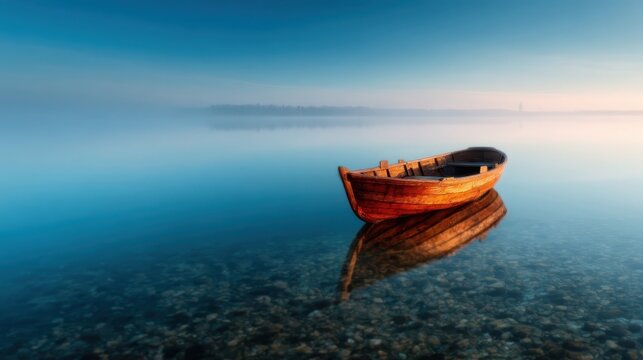 A tranquil wooden boat floats peacefully in a mist-covered lake, reflecting the calmness of nature and emphasizing solitude and serenity in a beautiful landscape.