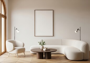 Modern curved sofa in a minimalist living room with armchair and coffee table