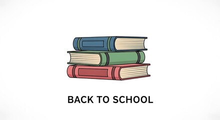 A stack of three colorful books with blue green and red covers on a white background illustration