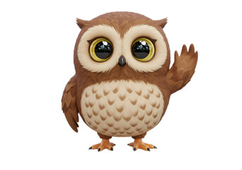 Cartoon Owl Waving Happy with Big Eyes on Transparent Background