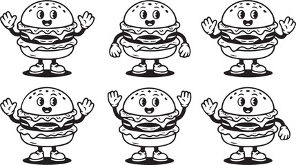 Set of hand drawn cute burger cartoon character in doodle style Vector illustration.