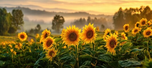 The breathtaking sunflowers basking in the golden sunrise over serene fields.