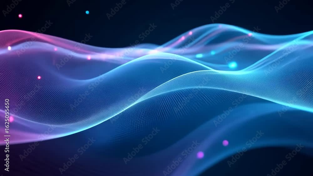 Poster dynamic flowing digital wave patterns with glowing particles and vibrant colors