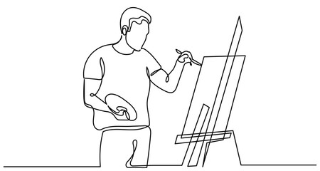 Continuous line drawing of a Professional artist painting a picture on canvas.A talented Young man artist with a brush in his hand picks up an oil painting.Painting Concept Work as a hobby,vector.
