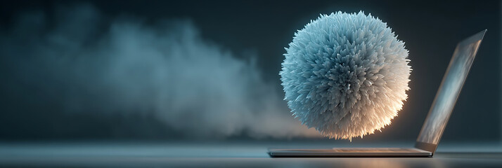 Abstract concept of fluffy sphere interacting with open laptop