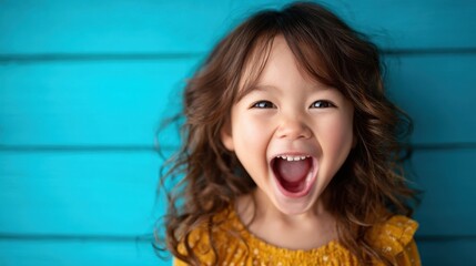 A joyful child with curly hair laughs exuberantly, embodying pure happiness against a bright blue background, capturing the essence of childhood delight and innocence.