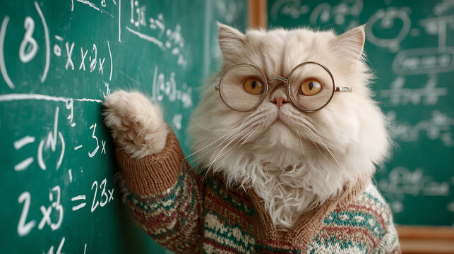 Funny Cat Professor Explaining Math on Chalkboard with Glasses and Sweater