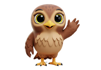 Cute Brown Cartoon Bird Waving on Transparent Background