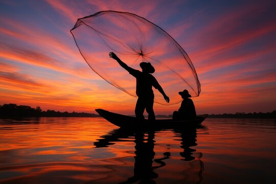 Twilight Fisherman on the Lake: Silhouette of a fisherman casting his net into the serene lake at twilight, under a fiery sunset sky.