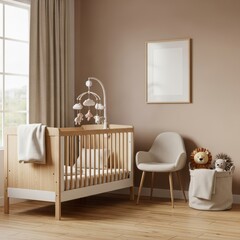 Modern nursery room with crib, chair, and baby mobile