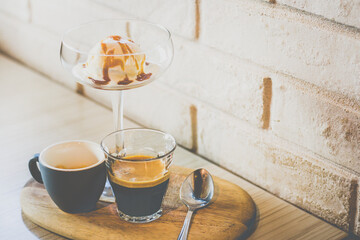 affogato with espresso and vanilla ice cream and crumbs on the side