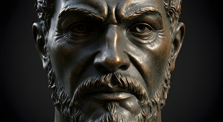 Bronze bust sculpture of a stern man powerful gaze ancient warrior artwork 3d render strong face masculine portrait head art