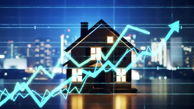 House model, rising graph, cityscape background; real estate market growth