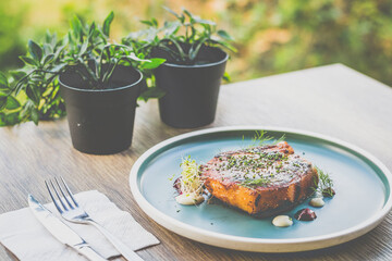 Iberico Pork Rack with warm spice rub served on a plate