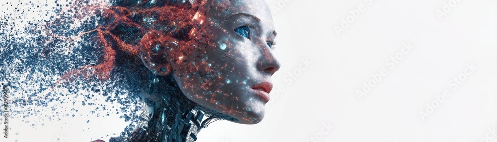 Poster a futuristic image of a humanoid figure with a digitally fragmented appearance, blending technology 