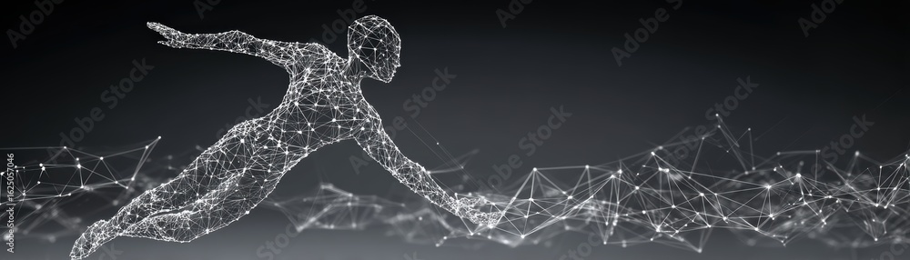 Poster a dynamic, wireframe figure appears to be swimming through a network of connected lines, symbolizing