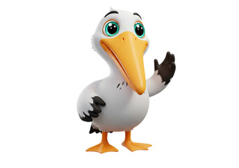 Cartoon Pelican Waving Cute White Seabird on Transparent Background