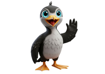 Cartoon Bird Waving Hello with Bright Blue Eyes on Transparent Background