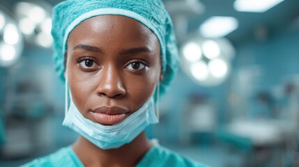 A focused female surgeon in scrubs and a mask, standing in a modern operating room, emphasizing precision, skill, and the importance of medical expertise in surgery.
