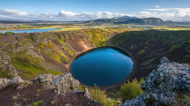 Mystical Blue Lake in Kerio Volcano Crater, Iceland - Natural Landscape and Volcanic Beauty