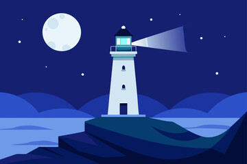 Flat design lighthouse on a cliff at night with a full moon and stars