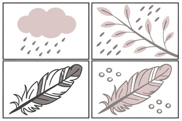 Obraz premium Feather and rain illustrations in a four-panel grid