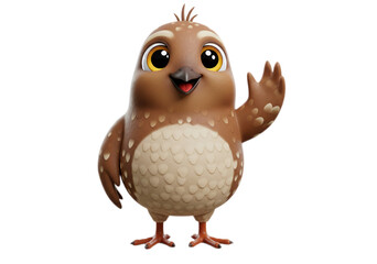 Cartoon Bird Waving with Brown Feathers on Transparent Background