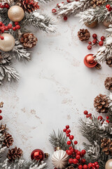 Christmas frame with ornaments, pinecones and berries on white background. Holiday greeting card concept.