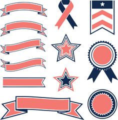 Fototapeta premium Collection of american patriotic ribbons banners stars and award badges in coral and navy blue with white accents for design