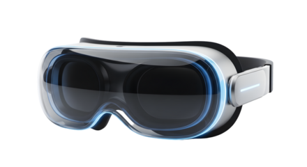 A realistic Apple Vision Pro headset with futuristic design and slight glow on a white background.