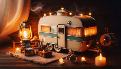 A vintage caravan dollhouse, AI generated image
