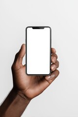 Hand Holding Smartphone with Blank White Screen on White Background
