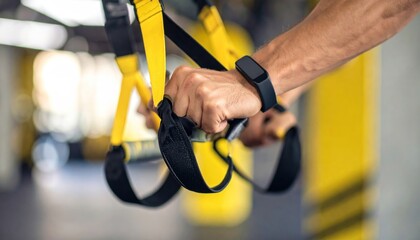 Intense Grip: Man's Hand with Fitness Tracker on Yellow Suspension Trainer