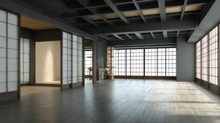 Minimalist Japanese style room interior dark wood floor shoji screens and grid ceiling