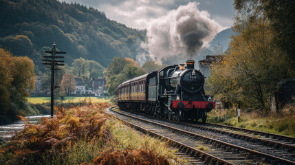 vintage steam train moving along old railway track, surrounded by lush greenery and mountains. scene evokes nostalgia and beauty of classic transportation