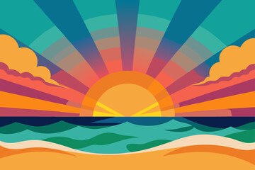 Vibrant retro sunset over the ocean with stylized waves and clouds