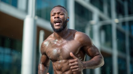 A powerful image of a fit man running outdoors, showcasing determination and strength, against a backdrop of modern architecture that inspires an active lifestyle.