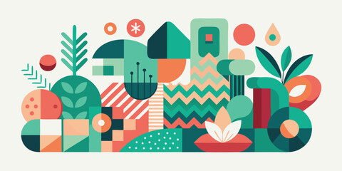 Abstract floral pattern vector illustration with a house and a car