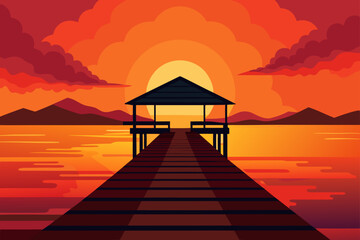 Pier with gazebo at a vibrant sunset over the water